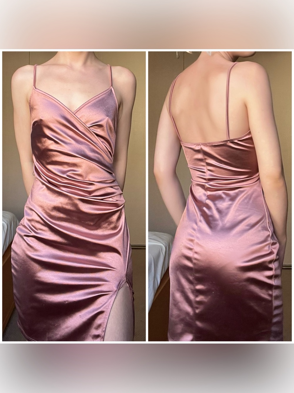 Blue Blush Rose Satin Cowl Midi Dress with Side Slit